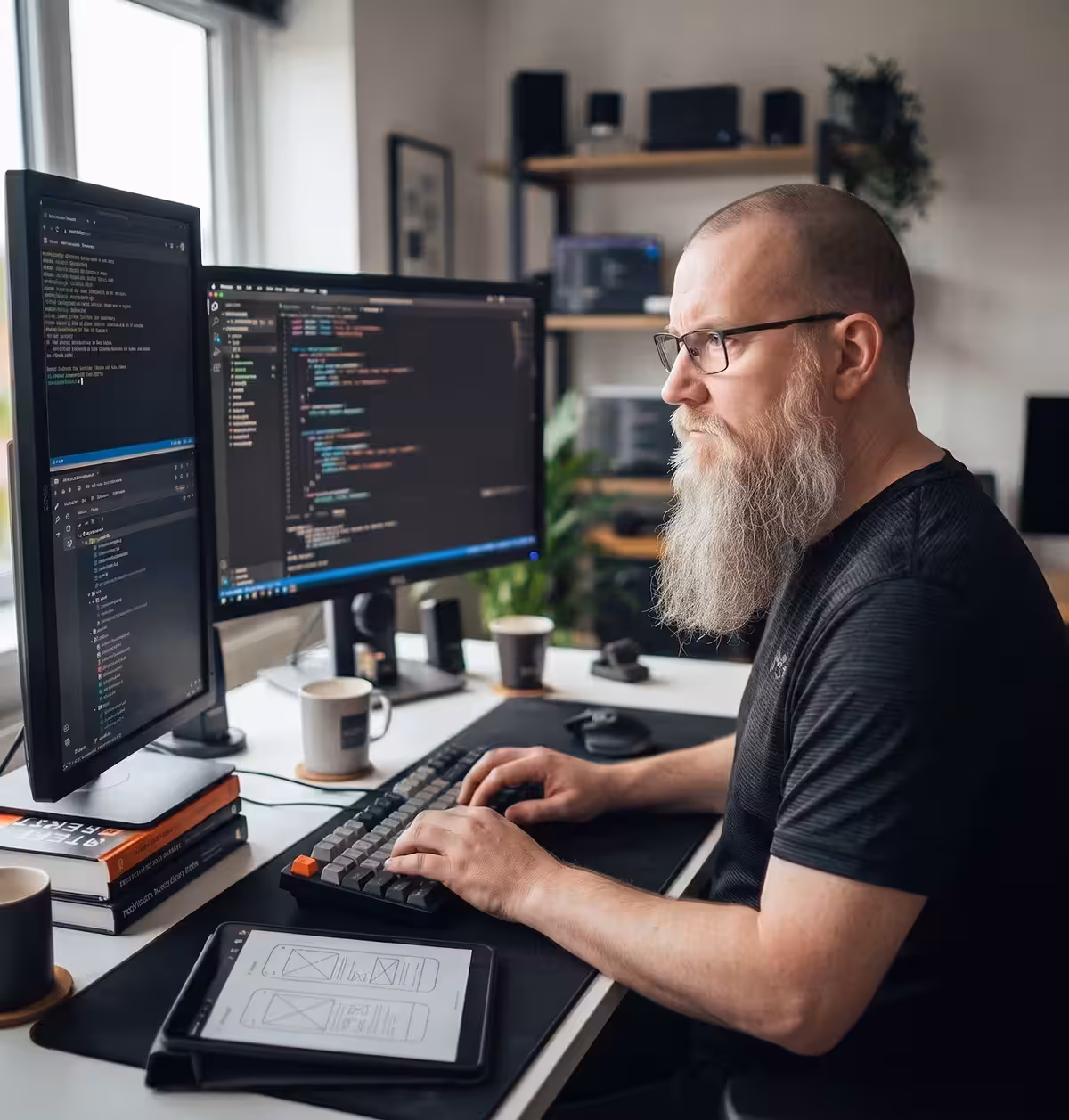 Founder working at a desk with multiple monitors displaying code and wireframes