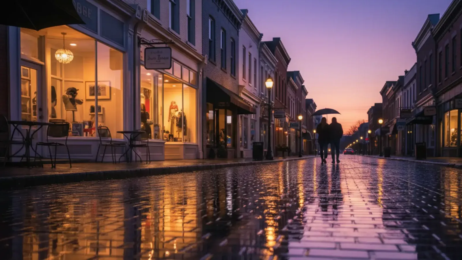 Charming American main street at twilight with warm lights